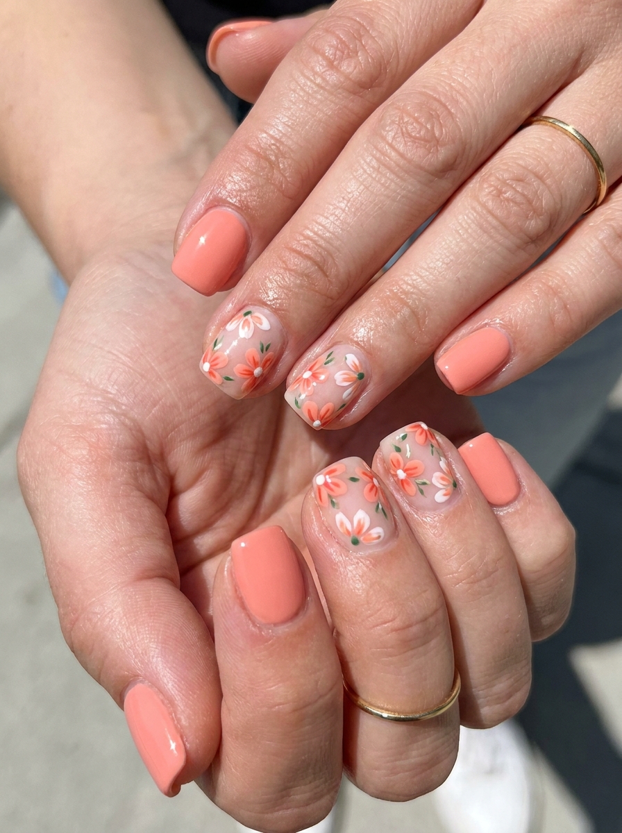 Coral Flower Square Nails